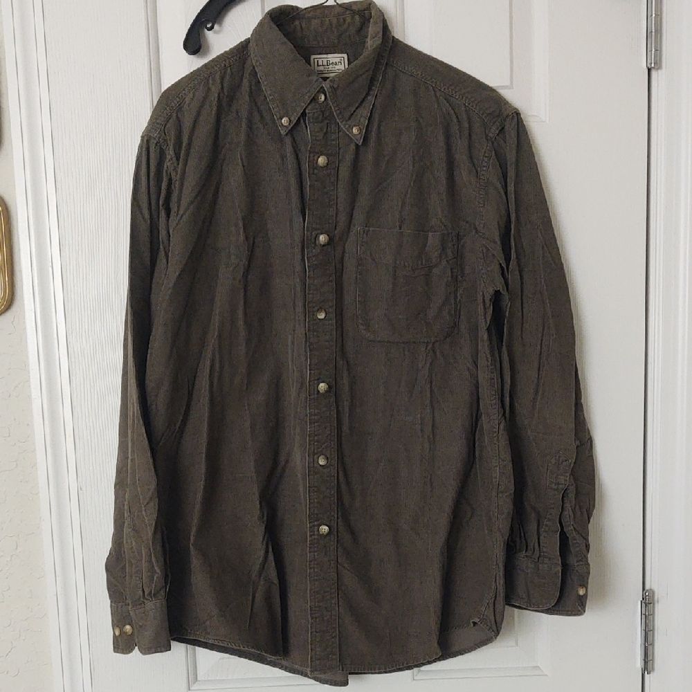 L.L. Bean Olive Corduroy Casual Button Down Shirt